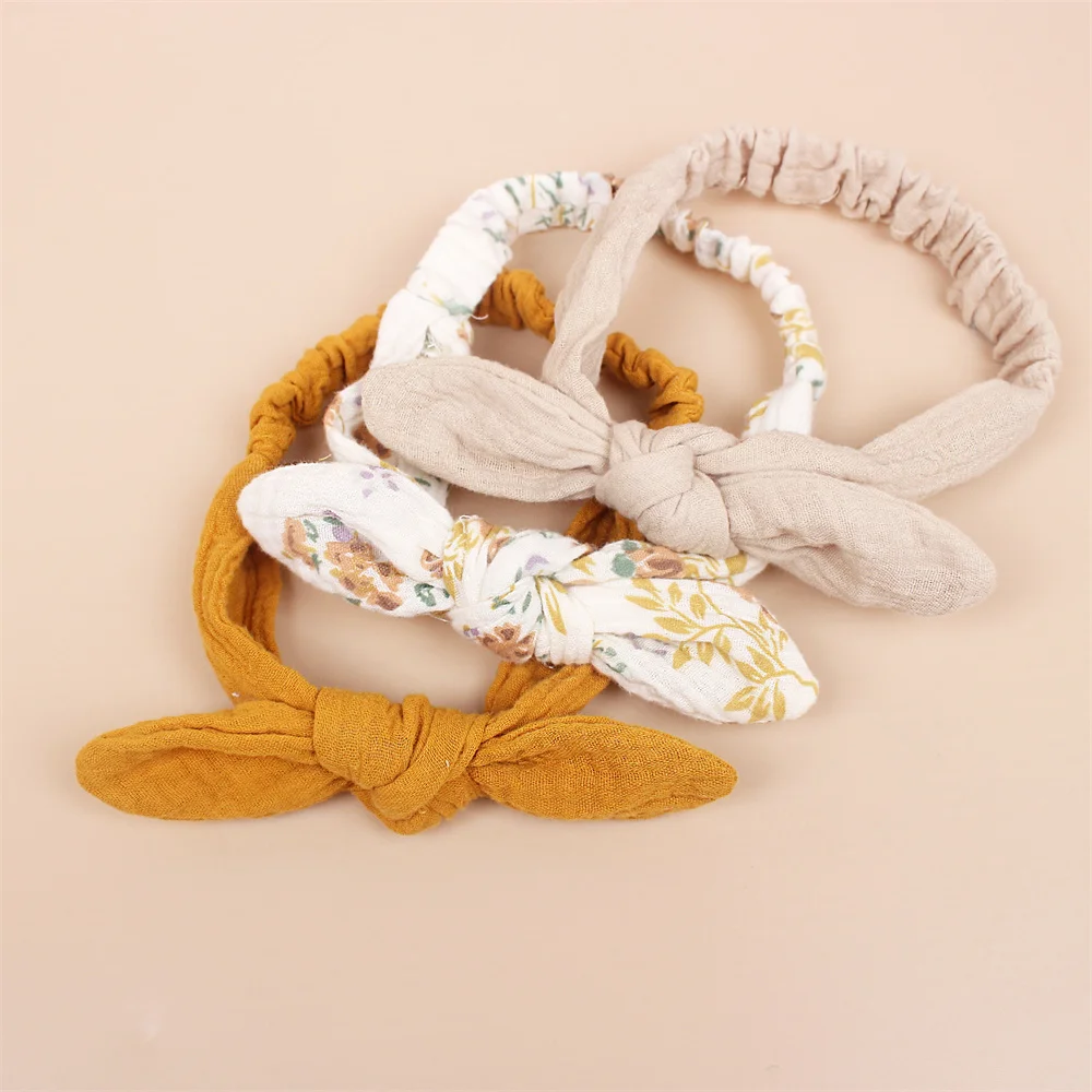 3Pcs/Set Solid Muslin Cotton Baby Headband Elastic Rabbit Ear Hair Band Infant Girl Turban Headwraps Stretch Accessories