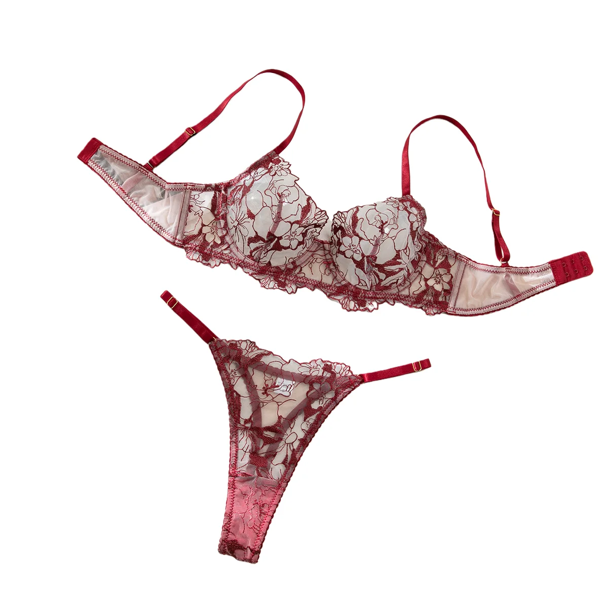 Hilitos Women's Delicate Mesh Embroidery Bra Set Sexy See through 2PC Valentine's Day Lingerie Charmed Willowy Underwear