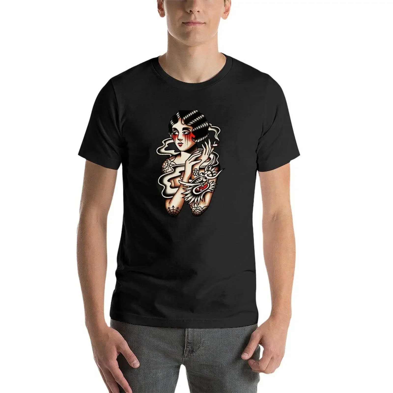 Traditionele Mooie Flapper Met Grijze Drakenrook Tattoo T-Shirt Essentiële T-Shirt Blouse Anime Stuff Heren Workout Shirts