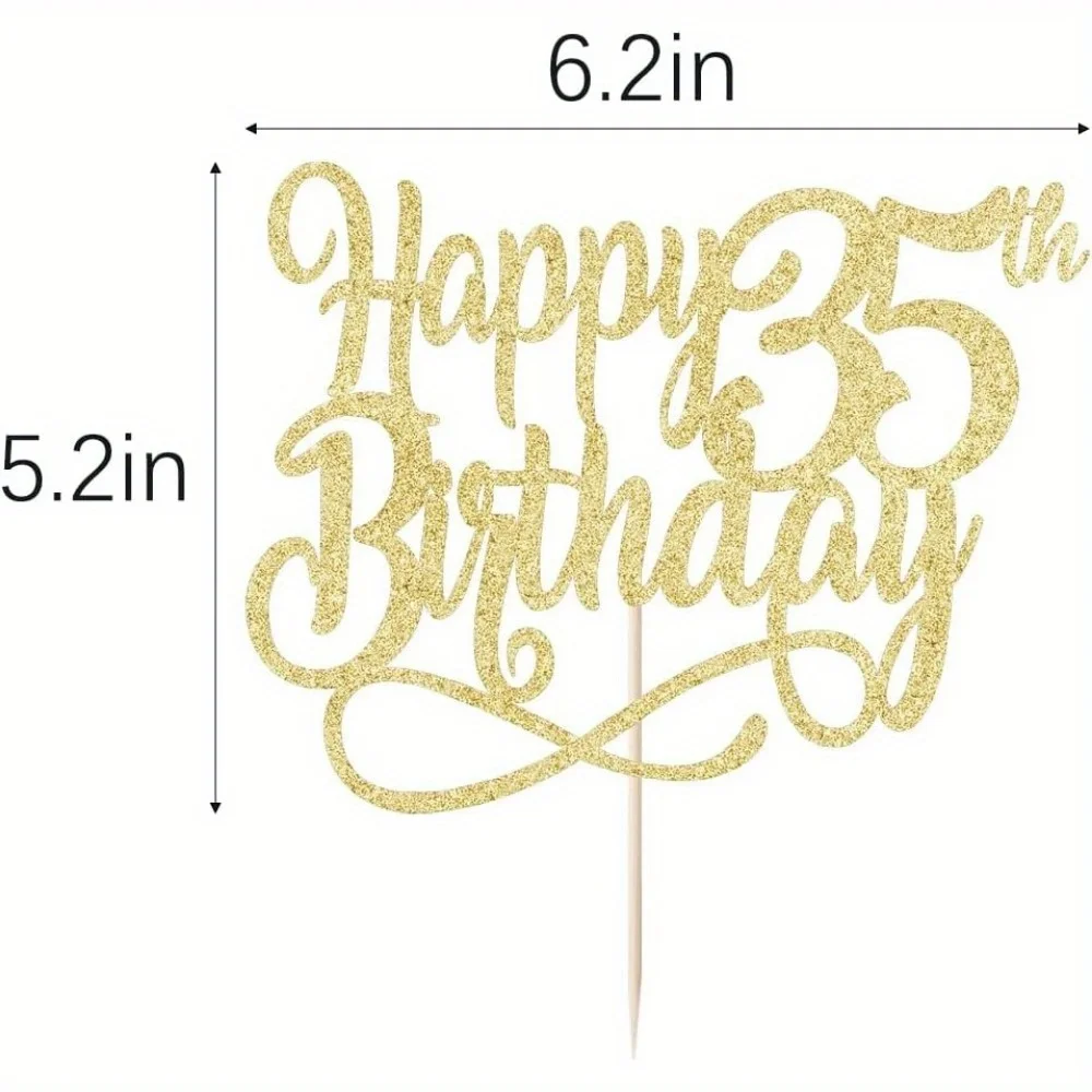 1 Stück goldener Glitzer-Tortenaufsatz „Happy 35th Birthday“, „Cheers to 35 Years“, „Happy 35th Birthday“-Tortenaufsatz, 35. Jahrestag – Detail 3