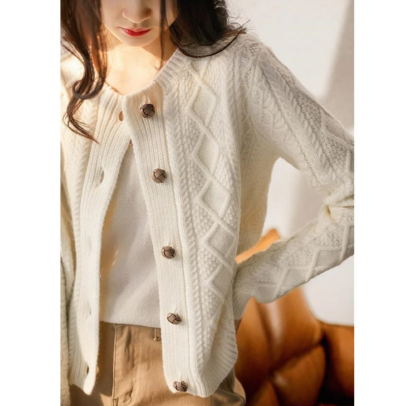 2022 Autumn Winter Women Korean Fashion Vintage Chic Twisted Solid Color Thick Knitted Sweater Cardigan Buttons Long Sleeve Coat