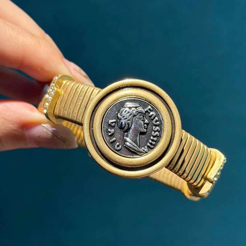 

Antique Gold Plated Bangle Natural Stone Watch Strip Charm Bracelets Retro Vintage Ancient Coin Cameo Beauty Head Women 2026