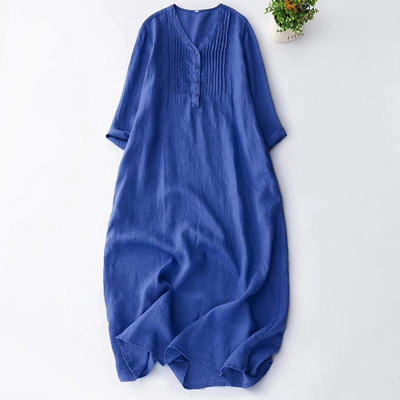 Summer New Cotton Linen Dr Loose Slimming Artistic Casual Travel Pleated Straight Long Dr Women's Midi Dr