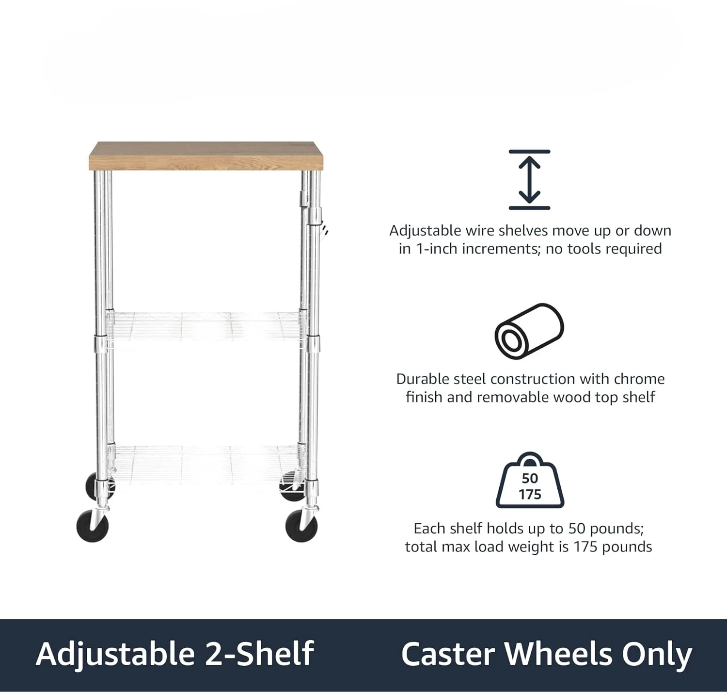 Kitchen Storage Microwave Rack Cart on Caster Wheels with Adjustable Shelves,175 Pound Capacity, 21x15x36.7inches,Wood/Chrome