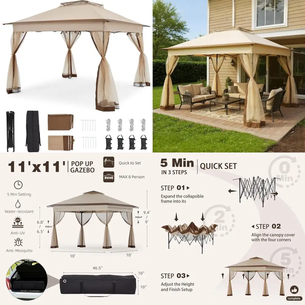 Выдвижная альтанка 11x11 для быстрой установки с москитной сеткой — водостойкий уличный навес для использования в патио, саду и на заднем дворе