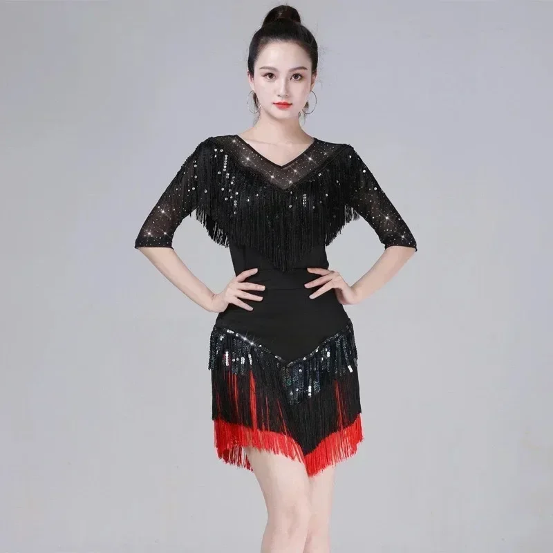 Latin Dance Clothes New Adult Women Tassel Short Skirt top Three-Step Step Dance Clothes Sequin Performance clothes Suit