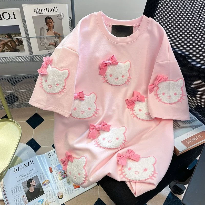 

Hello Kitty Short Sleeved Women Cute Bow Splicing Pink Versatile T Shirt New Summer Loose O Neck Cartoon Printed Sweet Girl Top