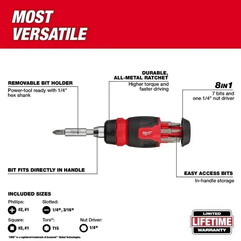 Milwaukee 48-22-2913 8-in-1 Ratcheting Multi-Bit Compact Screwdriver 1/4