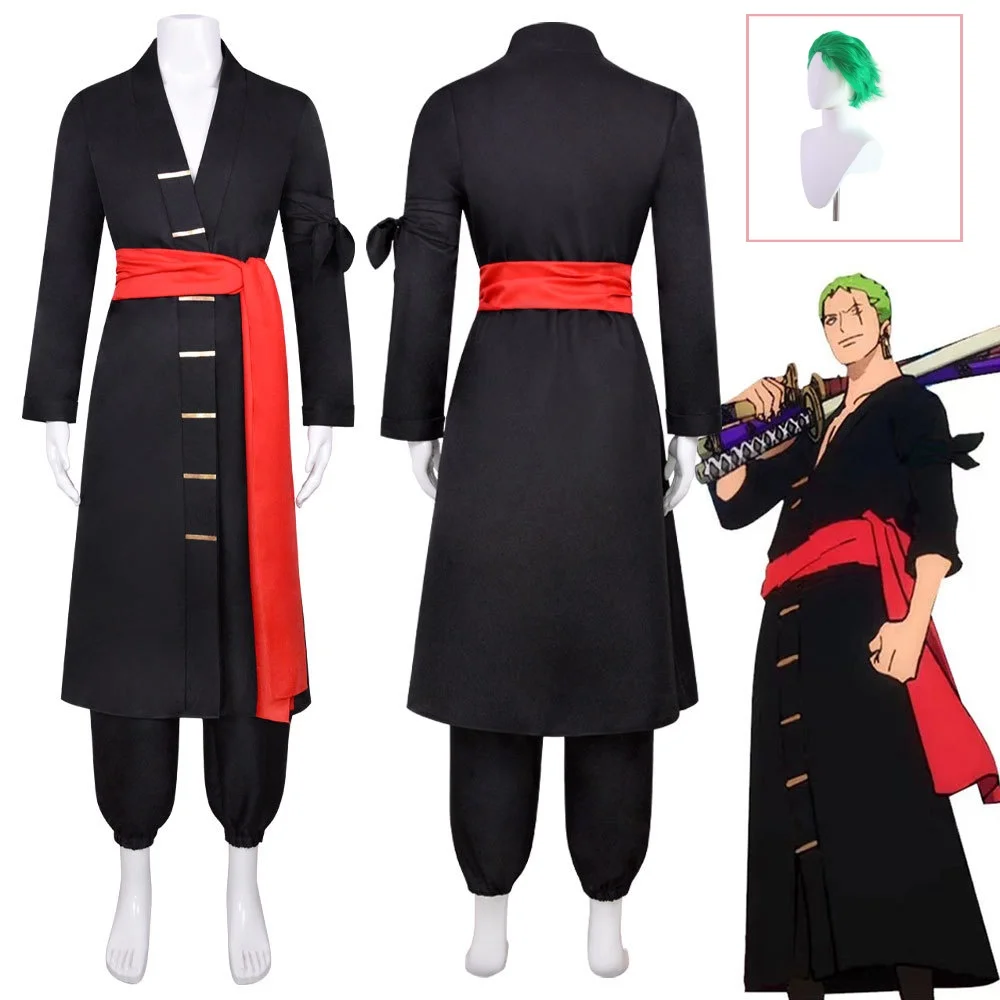 Anime Cosplay Kostüme Roronoa Zoro Schwarz Cosplay Kostüme Halloween Kostüme Kimono Rollenspiel Kleidung Party Uniform Anzug Perücke