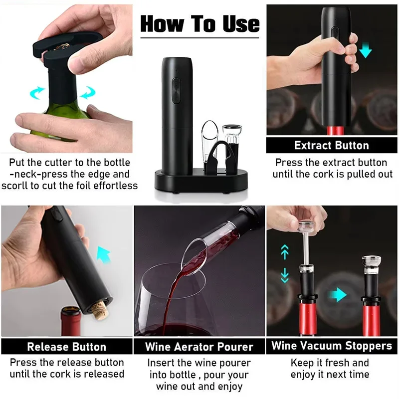 Xiaomi-Abridor De Garrafa De Vinho Elétrico, Saca-rolhas De Vinho Tinto Automático, Bateria Powered Wine Tools, Base De Carregamento, 5 em 1