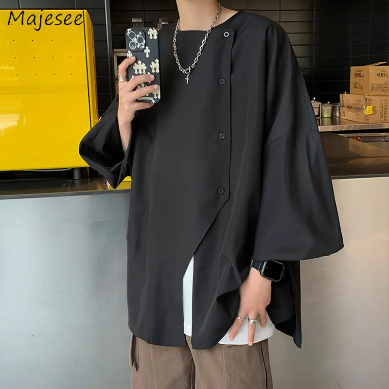 

Irregular Shirts Men Baggy Pure Simply O-neck Summer Thin Sun Proof Y2k Clothes Рубашки Designer Streetwear Korean Side-Slit Ins