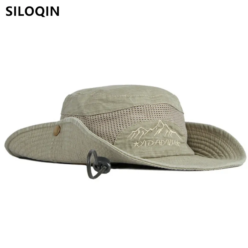 SILOQIN New Summer Men\'s Cotton Panama Hat Mesh Breathable Bucket Hats Retro Jungle Sun Protection Travel Hat Beach Fishing Cap