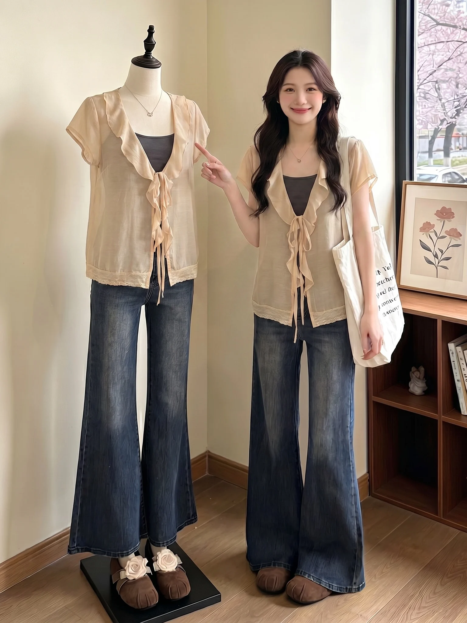 

Women's V-neck Chiffon Shirt Flounce Hem Korean Style Loose Fit Summer New Arrival Big Size Fat MM Fake Two-Piece Top