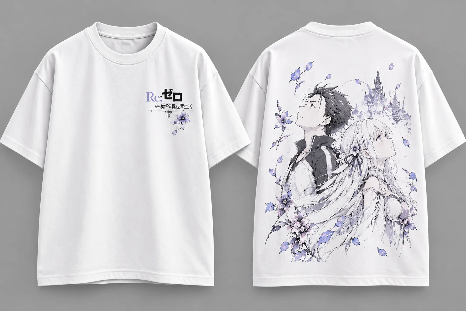 Zero Subaru Natsuki & Emilia T‑Shirt, Anime Game Y2K Harajuku Cosplay Trendy Casual Stylish Daily Tee for Men Women Youth