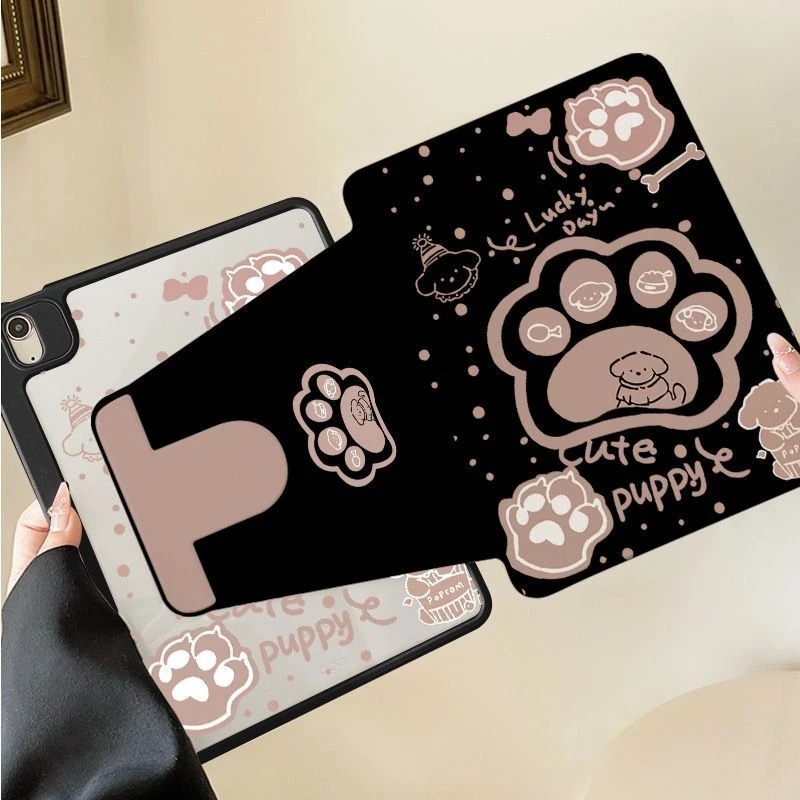 Cute Puppy Black Pink Paw IPad Acrylic Case for IPad Air7 Air6 10th 11in 11th A16 Air4/5 6th 9.7in 360° Rotate Shockproof Cover