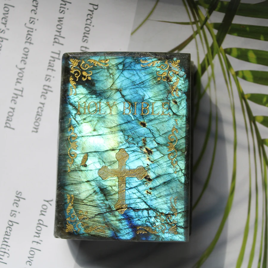 6.9 to 7.5cm Natural Random Flash Color Labradorite Gemstone Crystal Holy Bible Book Carving Ornament For Home Decor