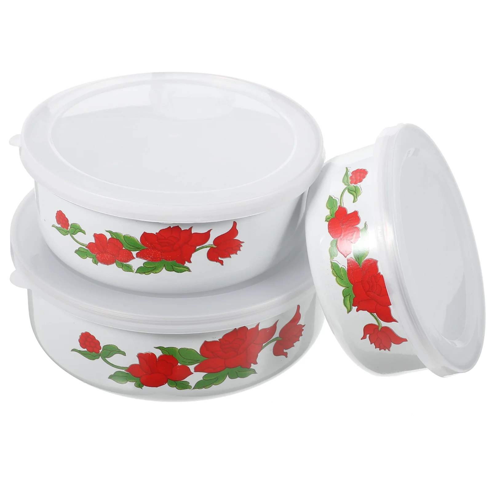 3 Pcs Fresh keeping Enamel Bowls Set Large Medium Small Flower Pattern Lid Soup Salad Pasta Rice Storage Containers