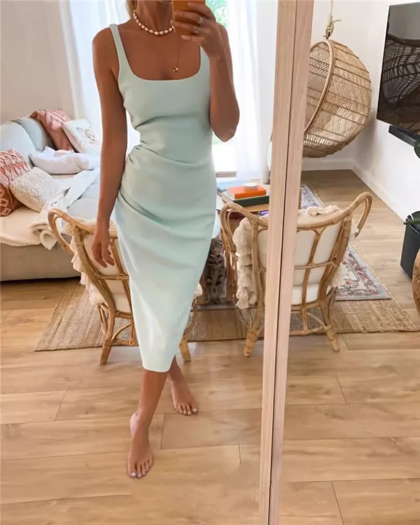 

Women 4-Colors Sling Robe Folded Waist Square Collar Sleeveless Fashion Slim Midi Dress
