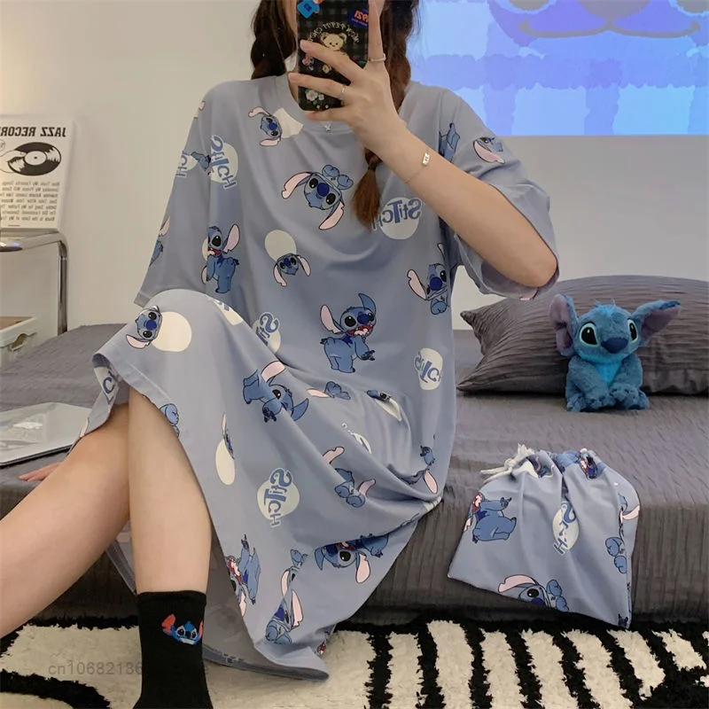 Disney Cartoon Stitch Summer Home Clothes Women Short Sleeve T-shirt Dress One Piece Y2k Sleepwear Cute Pajamas Female Clothing