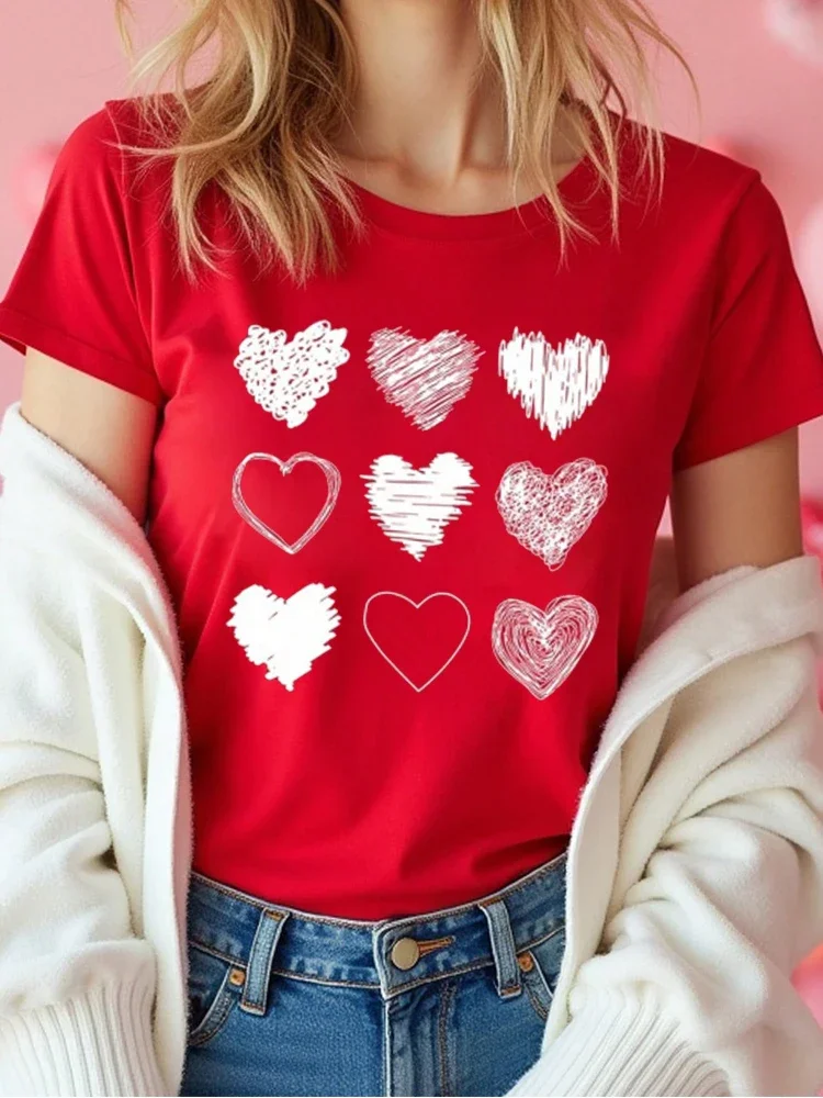 Red Heart Printed Women T-Shirts Fashion Streetwear Short Sleeve Tee Clothing Casual Soft Women Tops Valentine's Day T-shirt