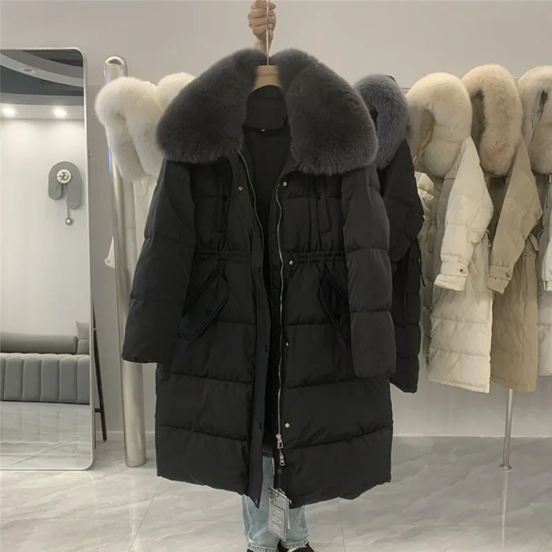 Korean Fashion Overcoat Big Fox Fur Collar Lapel Waist 90 White Duck Down Mid-length Women\'s Winter Puffer Down Jacket Coats