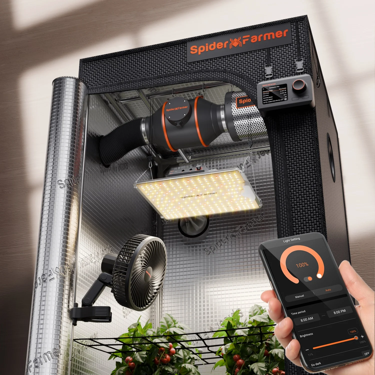 2026 Update Spider Farmer 70x70x160cm Smart Grow Tent Kit mit GGS+SF1000 Vollspektrum-LED+6-Zoll-Klemmventilator+4-Zoll-Belüftungssystem