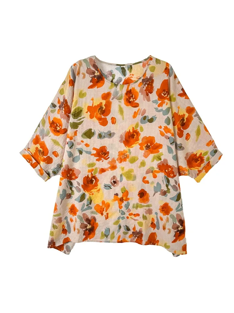 Ponadgabarytowe letnie koszulki damskie kwiatowy kwiatowy nadruk modne bluzki damskie z półrękawem Casual luźne koszulki damskie