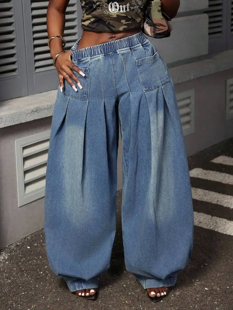 

Женские джинсы-палаццо больших размеров с широкими штанинами и эластичным поясом