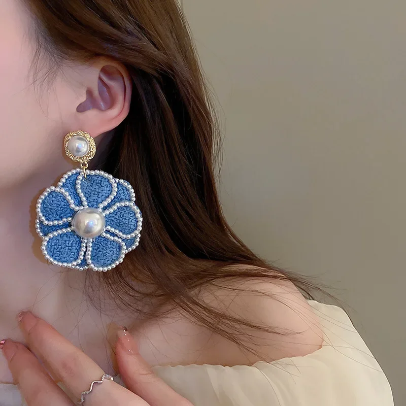 Pearl Blue Rose Flower Earrings For Women Unique Earrings 2023 New Fashion Denim Exaggerated Dangle Earrings Gift Jewelry