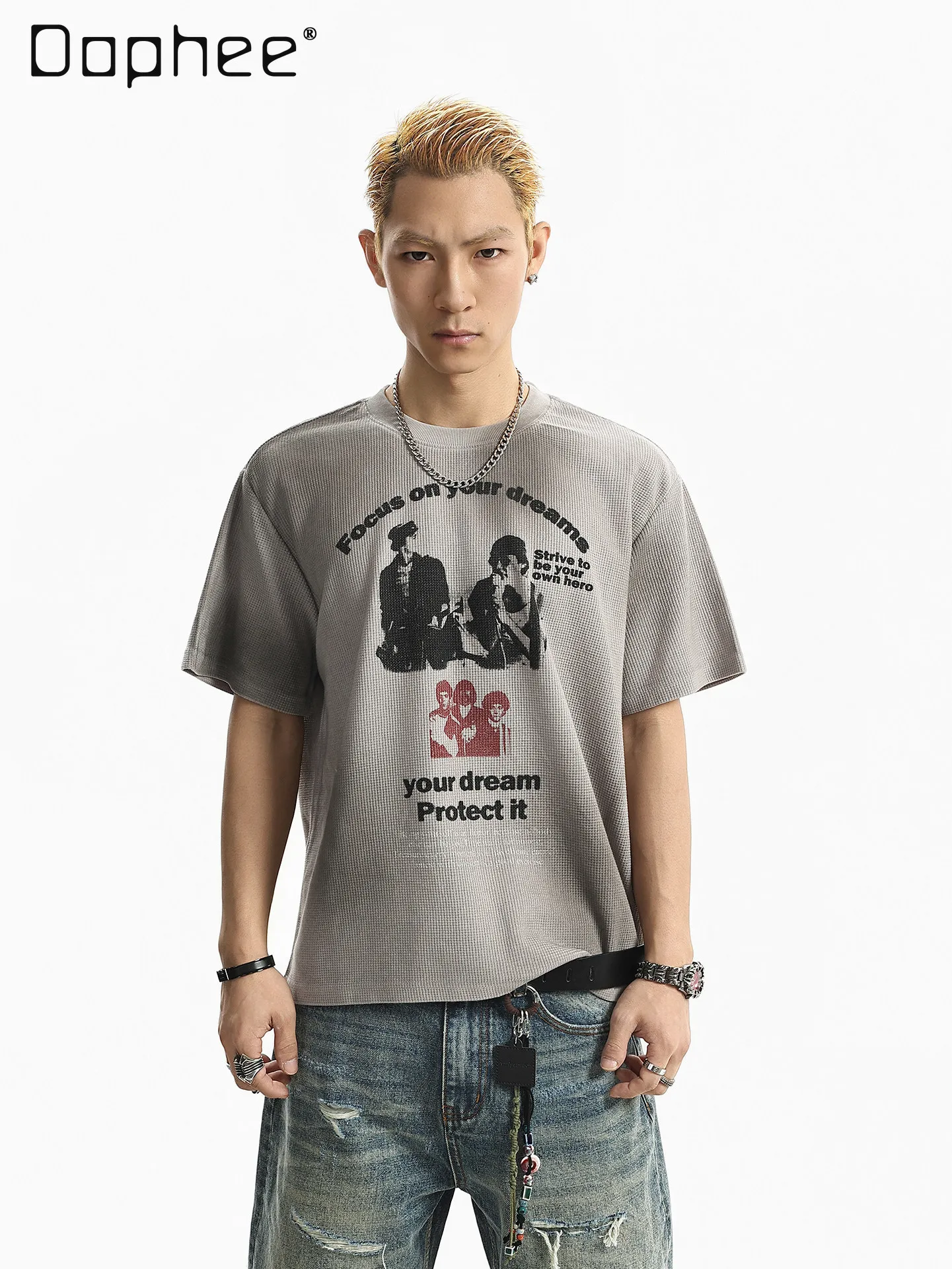 

Summer New American High Street Style Men's Character and Letter Print Gray Tie-dye Round Neck Short Sleeve T-shirt