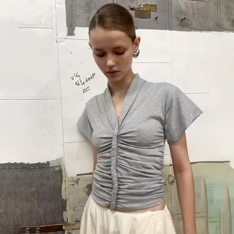 

Женские летние топы с рюшами и гофрировкой, рубашки, женские модные Y2K Ins, шикарные укороченные топы, женские простые однотонные непринужденные уютные уличные топы