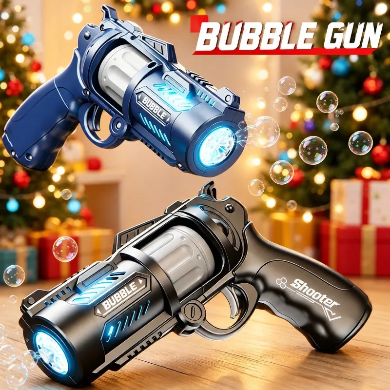 Electric Revolver Bubble Blaster, Light Up Stress Relief Toy Pistol, Play Gadget for Boys Girls Backyard Summer Outdoor Party