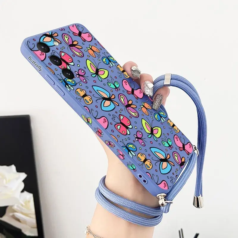 Charm Butterfly Crossbody Lanyard Silicone Phone Case For Samsung Galaxy S23 S22 S21 S10 S9 S8 Plus Note 20 ultra 10 Plus Cover