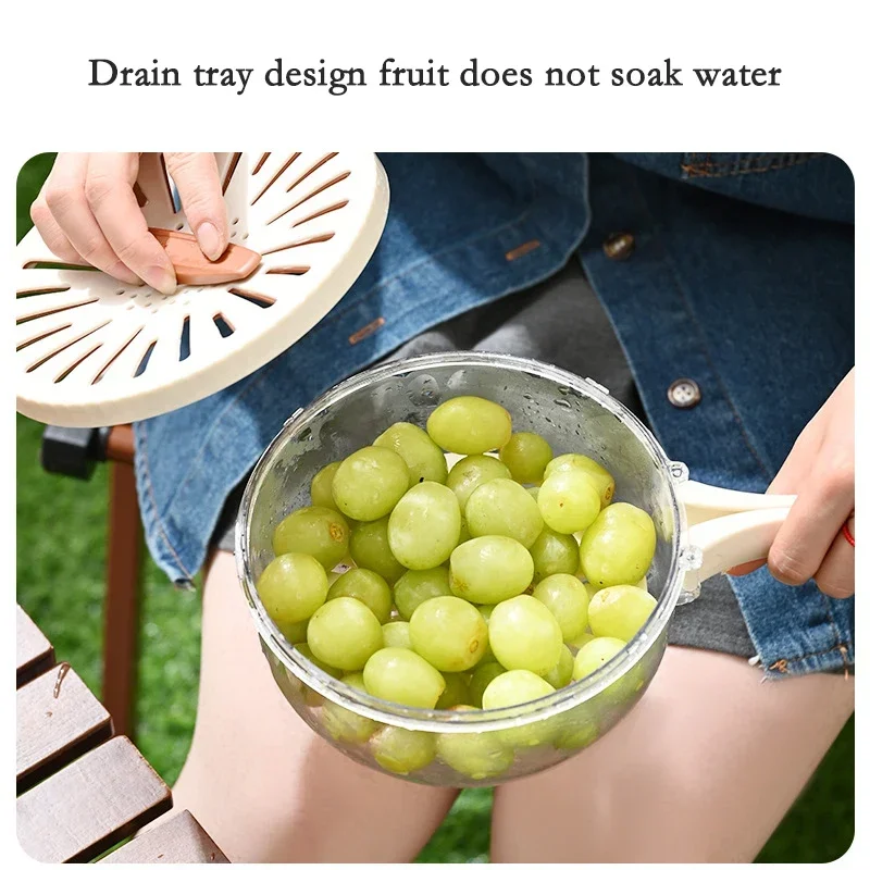 Fruit Drain Basket with Lid Vegetable Washing Bowl Foldable Handle Cleaning Colander Plastic Refrigerator Crisper Kitchen Box