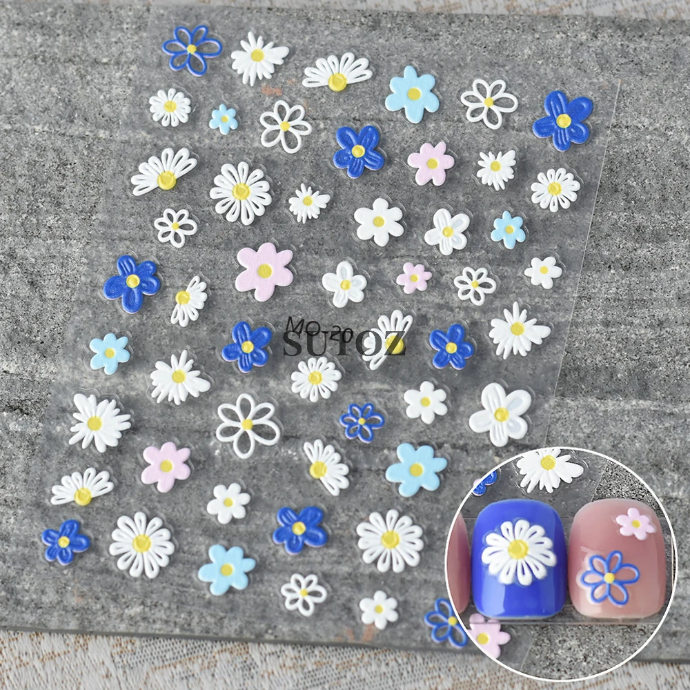 5D Flowers Nail Stickers Colorful Embossed Daisy Tulips Cartoon Rabbits Heart Slider Nail Decals DIY Manicure Tattoo LEBMO-20