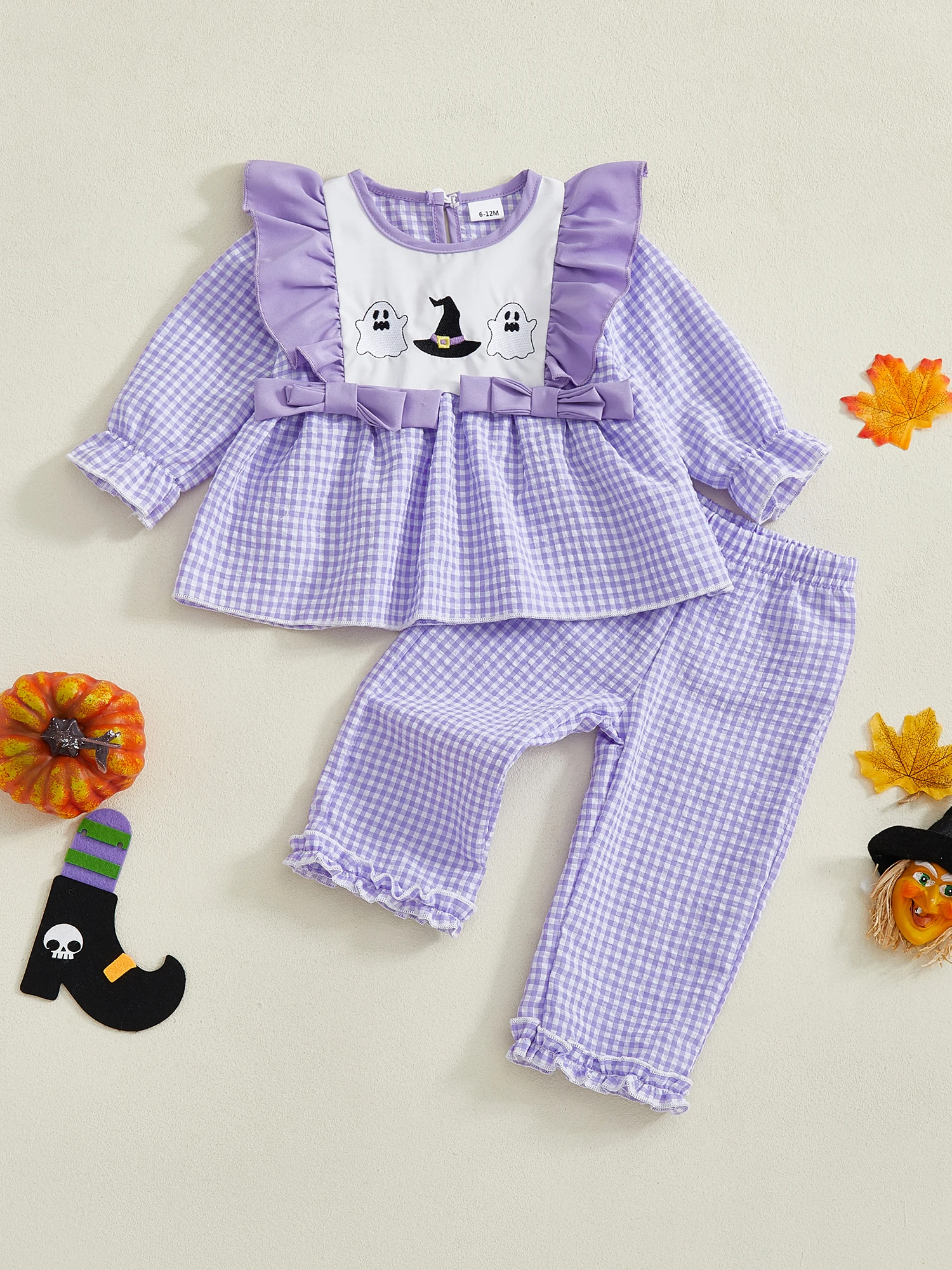 

Adorable Baby Girl Halloween Plaid Outfit with Spooky Ghost and Pumpkin Embroidery Long Sleeve Top and Elastic Waist Pants for