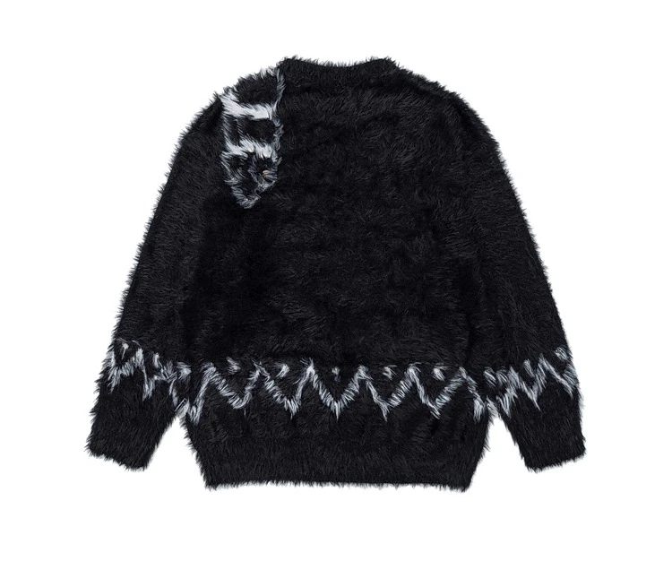 Sweater Rajut Wanita Gaya Amerika Motif Kucing Jacquard Mohair Hitam Kerah Bulat Musim Gugur Musim Dingin Gaya Pasangan Longgar Kasual Warna Aprikot
