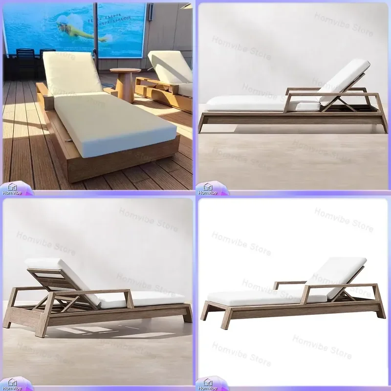 Outdoor Teak Lounge Chair Waterproof Solid Wood Beach Chaise Longue for Pool Villa Hotel Garden Patio Furniture Sunbed