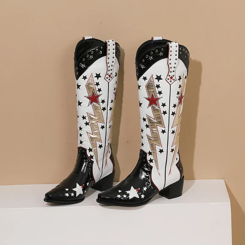 Cowboy Boots for Women Black White Leather Studded Rivet Splicing Lightning Star Block Heels 2025 Western Style Outdoor Party