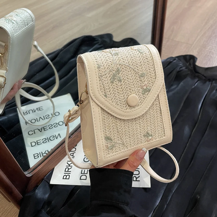 

Соломенная пляжная сумка, женская сумка через плечо с цветочным принтом для мобильного телефона, летняя маленькая сумка через плечо с откидной крышкой для девочек, дорожная богемная маленькая квадратная сумка