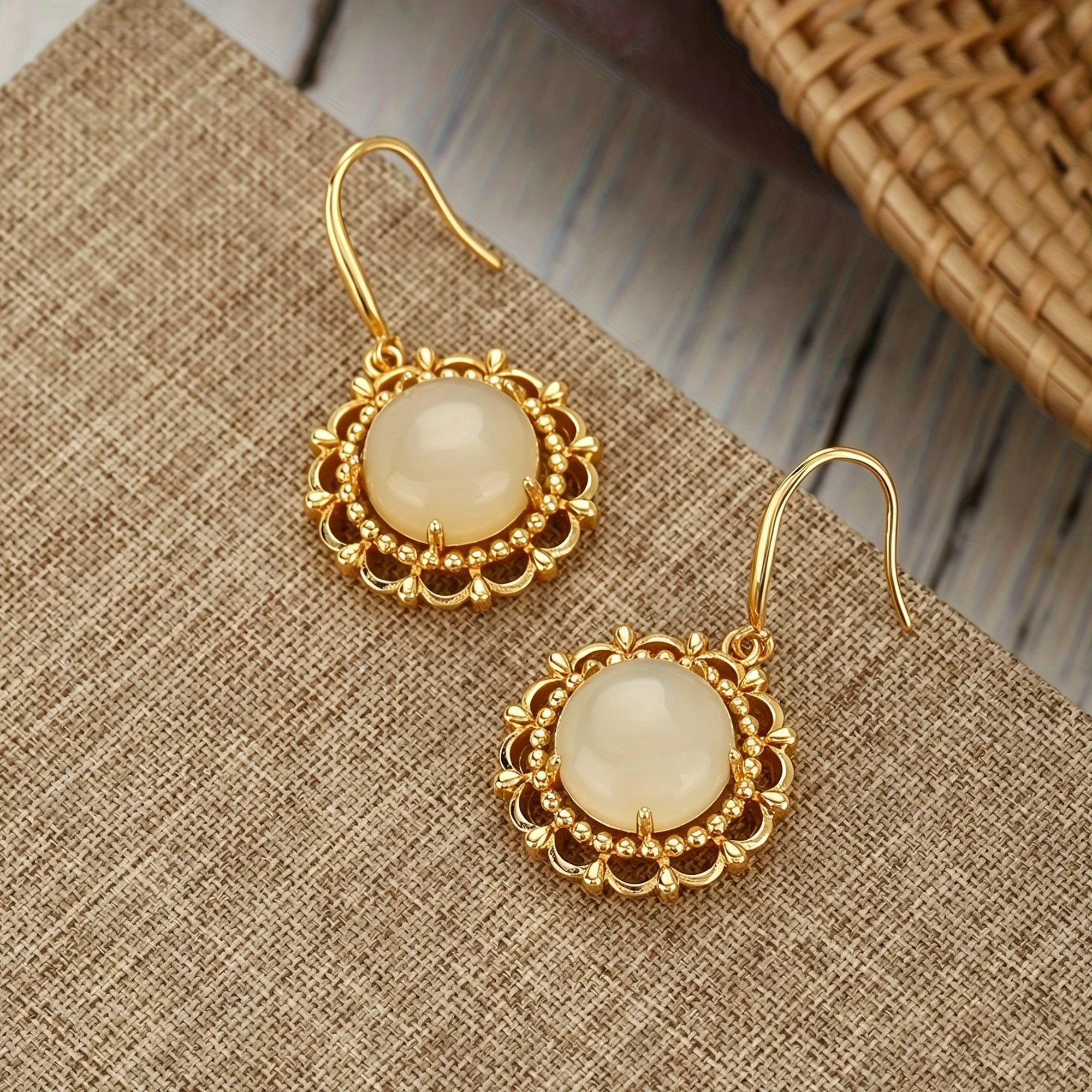 Chinese Style White Stone Dangle Earrings, Golden Hollow Lace Frame Round Natural Stone Drop Ear Jewelry For Ladies