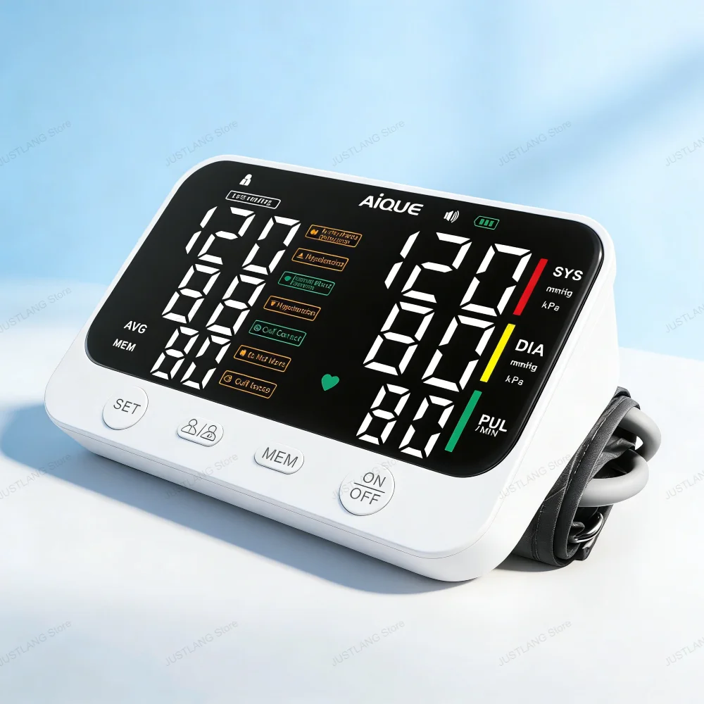 JUSTLANG 1000mAh Blutdruckmessgerät mit Dual-Resultanzeige, HD-LED, Arrhythmie-Tonometer, Digitales Tensiometer zur Blutdruckmessung am Arm