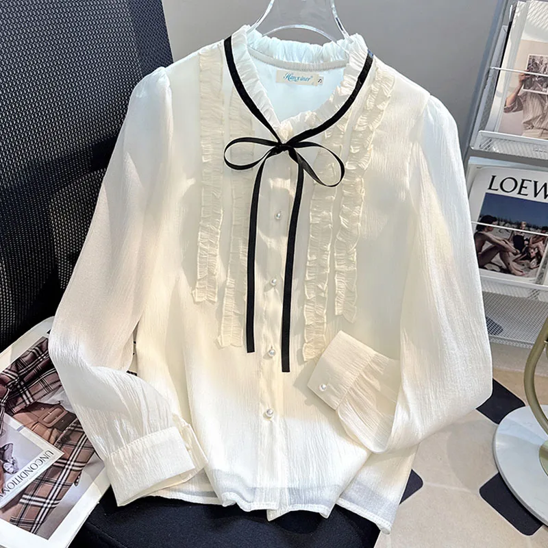 بلوزة قميص نسائية جديدة بأكمام طويلة وياقة مكشكشة وأربطة قميص شيفون بلوزة نسائية بلوزات قمصان Blusas Para Mujer Q559