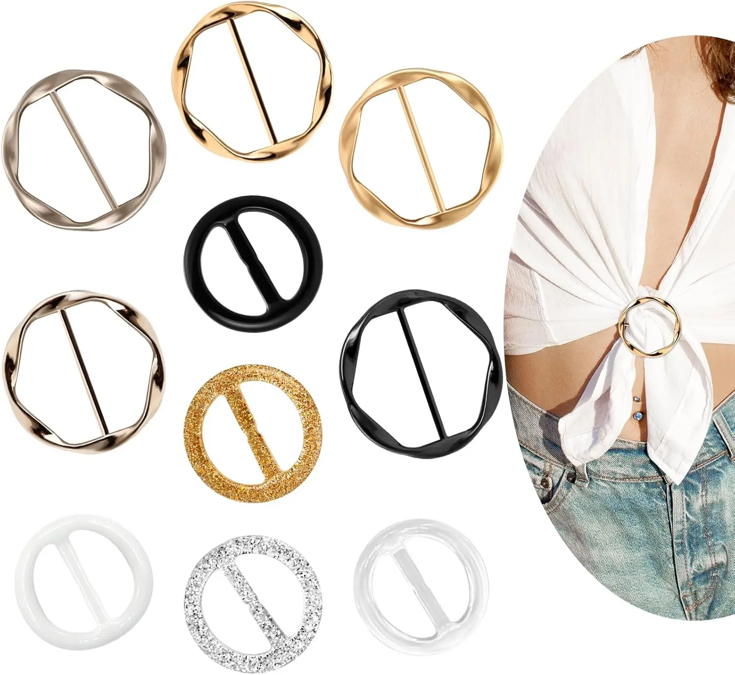 

10 Pcs Scarf Rings & Shirt Clips - Adjustable T-Shirt Tightener, Waist Cincher for Women
