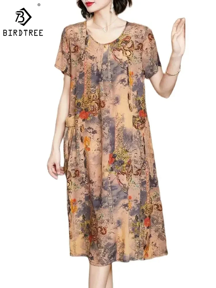 BirdTree 100%Mulberry Silk Women Dresses, Short Sleeve V-Neck Loose, Elegant Fashion Retro OL Dress, 2024 Spring New D42302QM