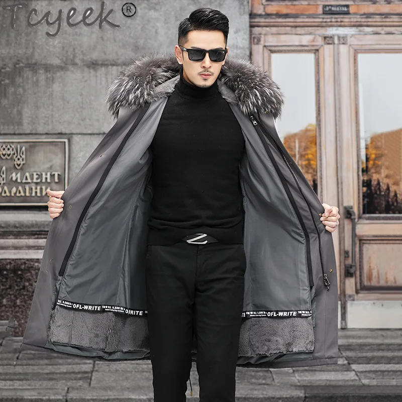 Tcyeek Men's Parka Fashion Rex Rabbit Fur Coats Men Clothing Liner Detachable Mens Fur Jacket Coat 2023 Raccoon Fur dog Collar