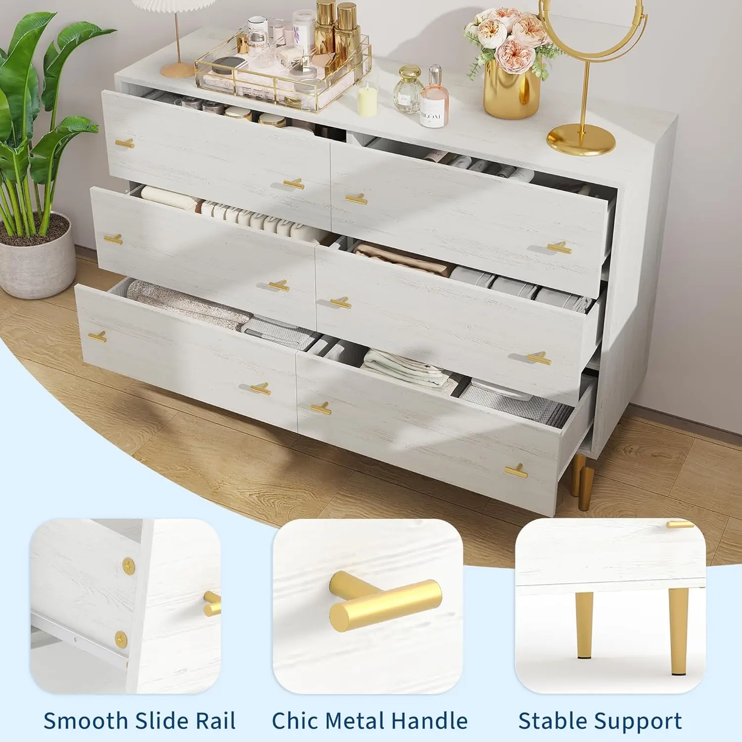 Cômoda de 6 gavetas para quarto, cômoda branca de 47,2 pol. de largura, cômoda rústica de madeira com gavetas grandes e alças de bar, natural