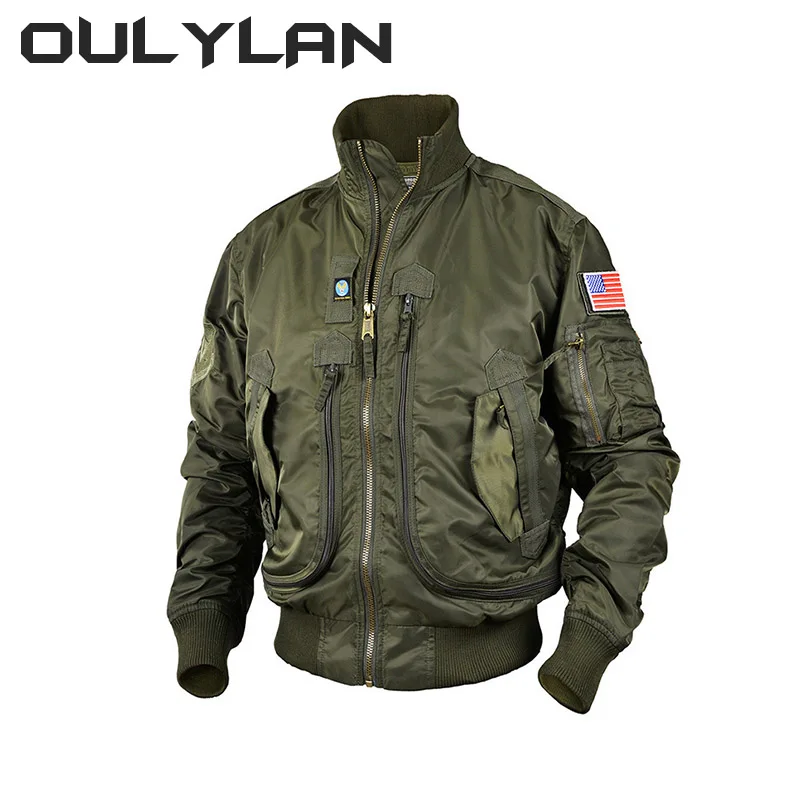 Oulylanl Military Jackets Big Pocket Pilot Baseball Air Force Coat ArmyGreen Bomber Jacket Stand-collar Motorcycle Outwear