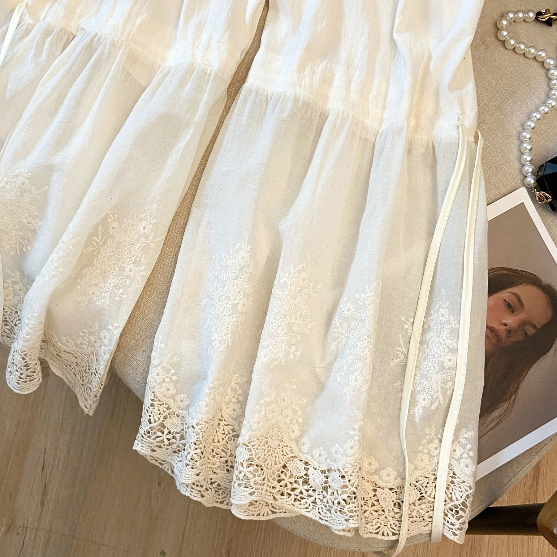 

Loose Cotton Linen Wide Leg Pants Women's Inner Wear Overlap Lace Embroidery Belted Trousers Anti-Light Flag Dr Underwear