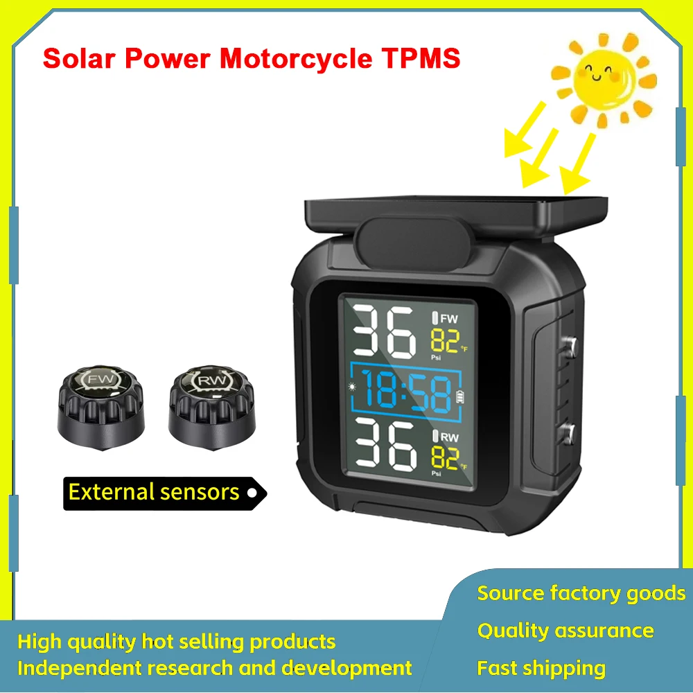 

Solar Power TPMS Motorcycle Tire Pressure with 2 external Sensors Display Tire Pressure Monitoring System Tyre Temperature Alarm